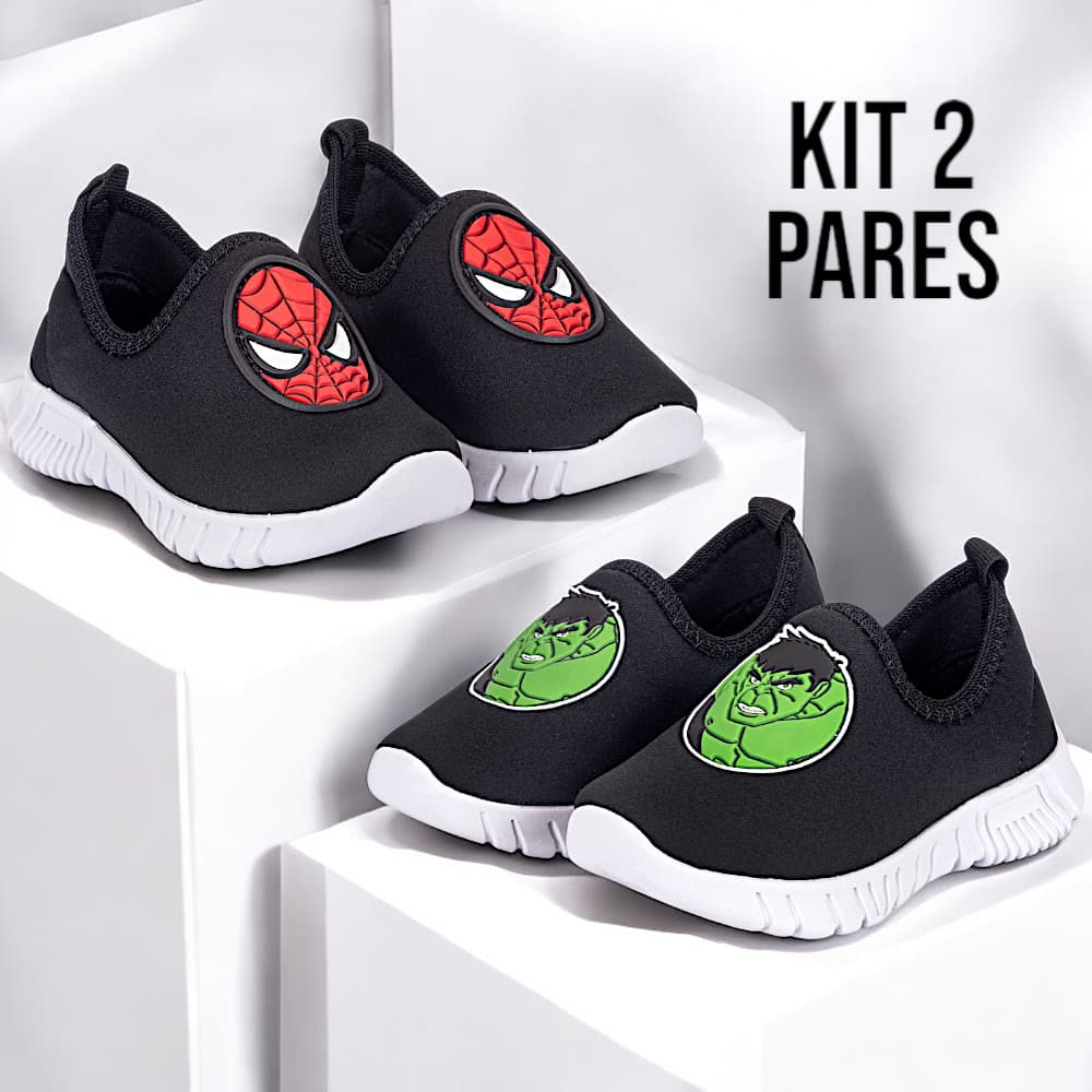 Kit 2 Pares Tênis Infantil Menino Personagens Confortável Calce Fácil Leve Casual Escola Dia Dia