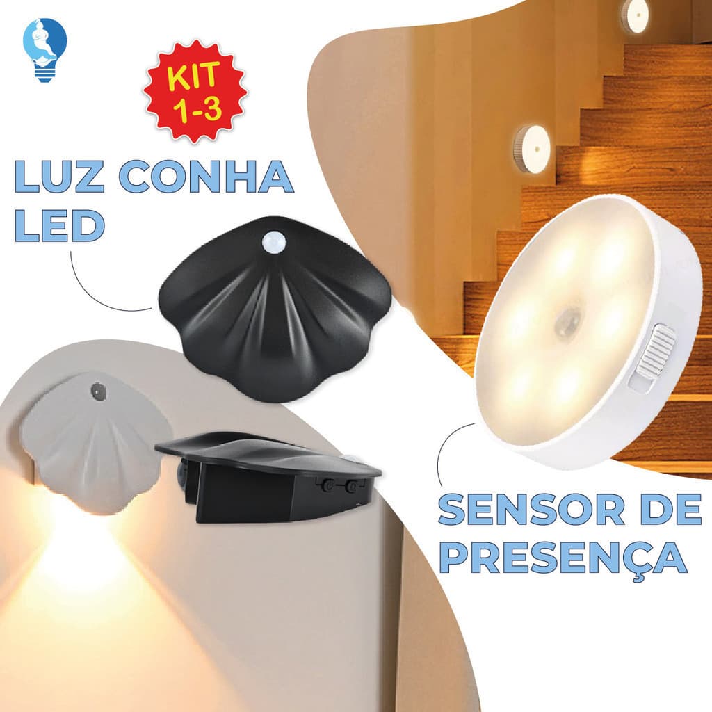 Luminária Led Sensor De Presença Automático Formato Concha Inteligente Recarregável USB