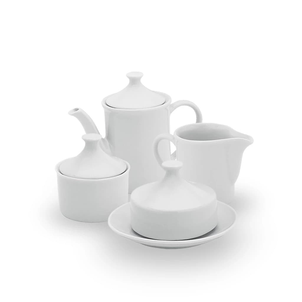 Kit Café com Bule 650 ml Leiteira 350 ml Açucareiro 250ml e Manteigueira 110 ml Porcelana Branca