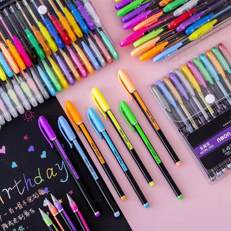 Novidade Kit com 12/24/36/48 Cores Caneta Gel ColorGel Tinta Glitter Pastel Neon Metal Escolar Ponta 1.0mm(Utimix Muita)