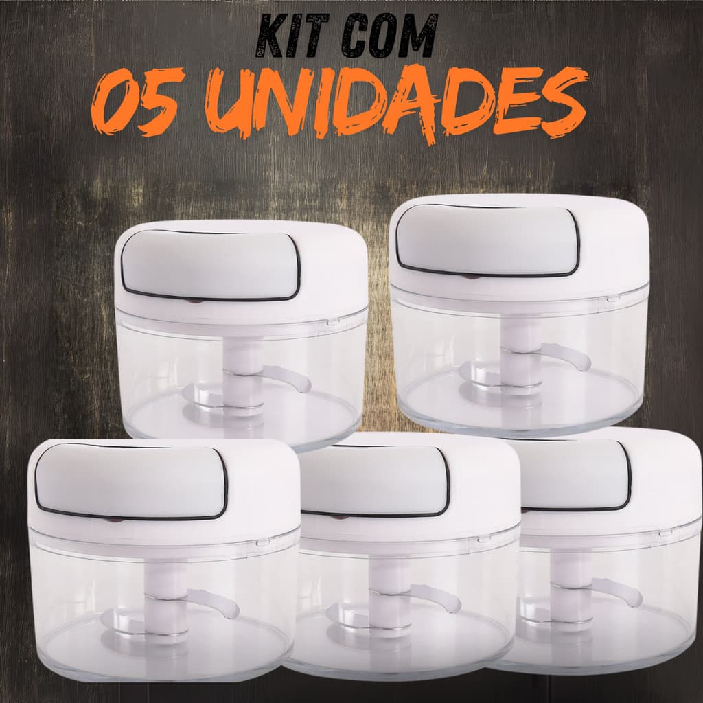 Kit com 5 Mini Trituradores Processadores Manuais, lâminas inox, para temperos, tomate, alho e bacon Preço de Atacado.