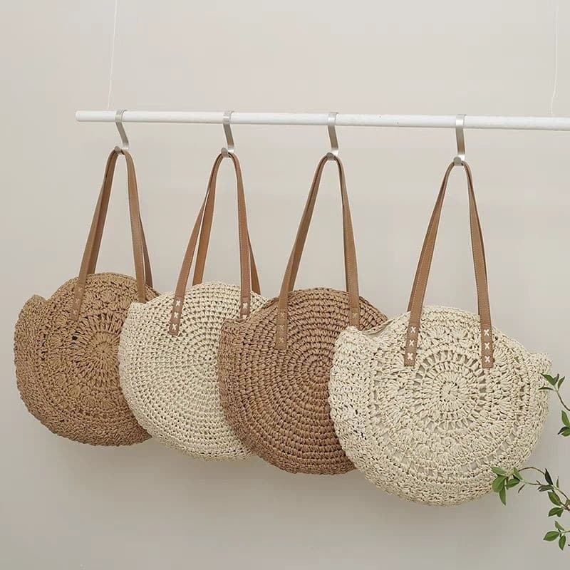 Bolsa de palha rendonda grande feminina praia de ombro B-6