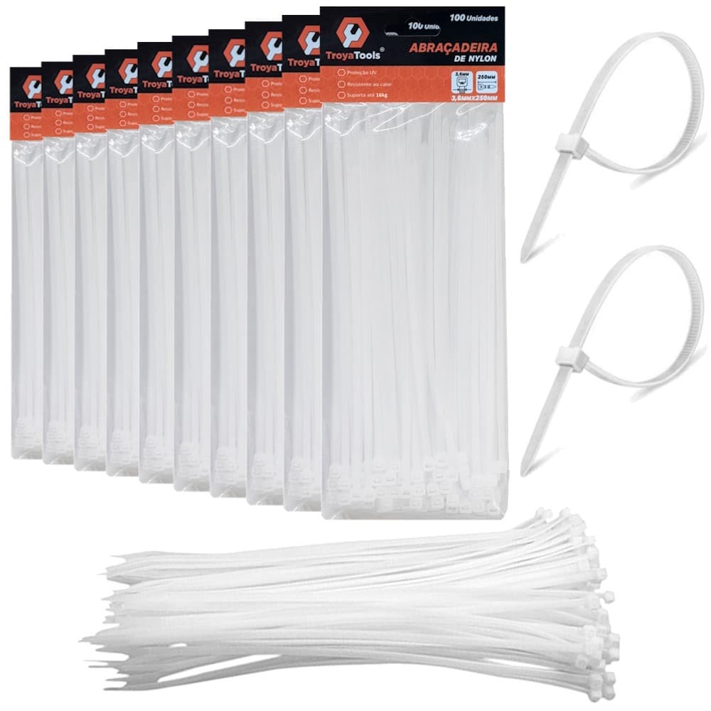 1000 Abraçadeiras Lacre Nylon Enforca Gato Cinta Plástica 3,6x250mm Fita Hellerman Branca Atacado