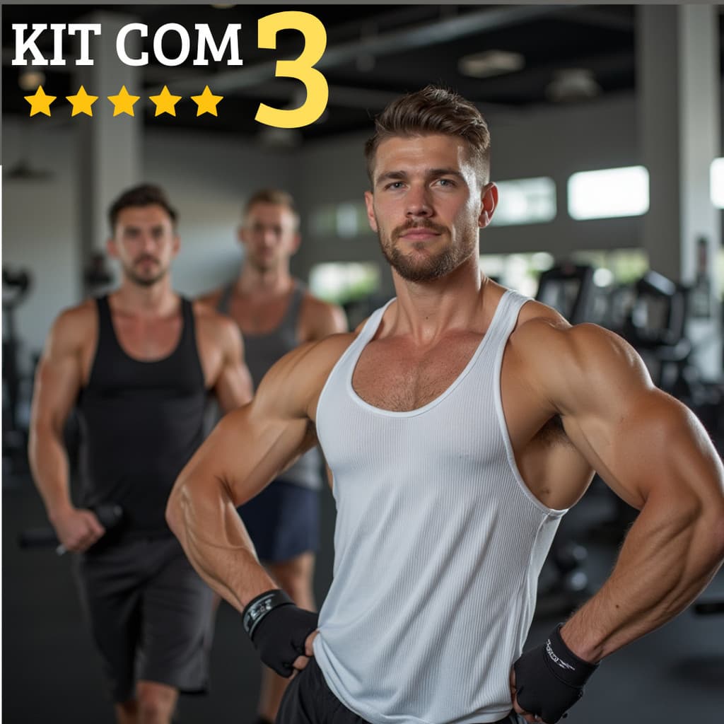 Kit com 3 Regata Masculina Americana Justa Canelada Algodão Elastano Ribana Treino