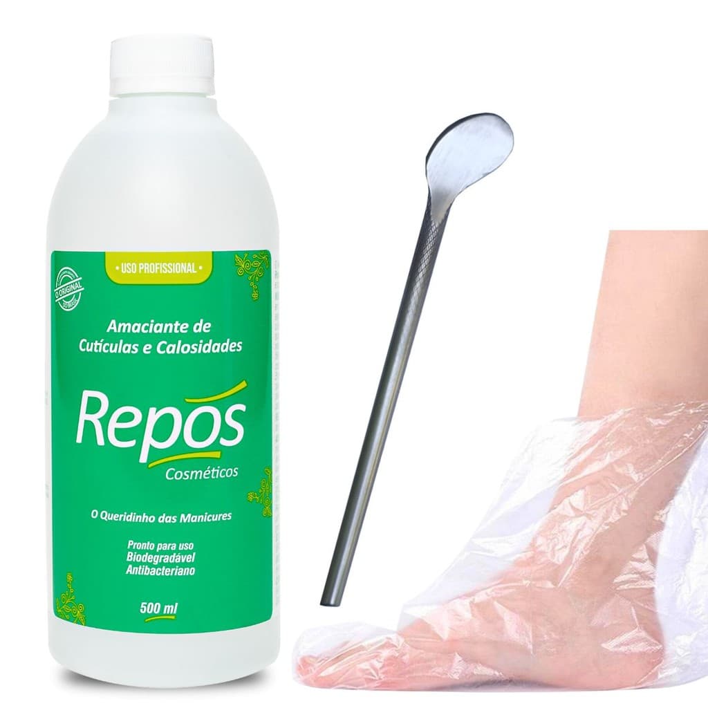 Kit Repos 500ml Amolecedor Cuticulas e Calosidade+ 100 Botinhas Descartável +Espátula 222