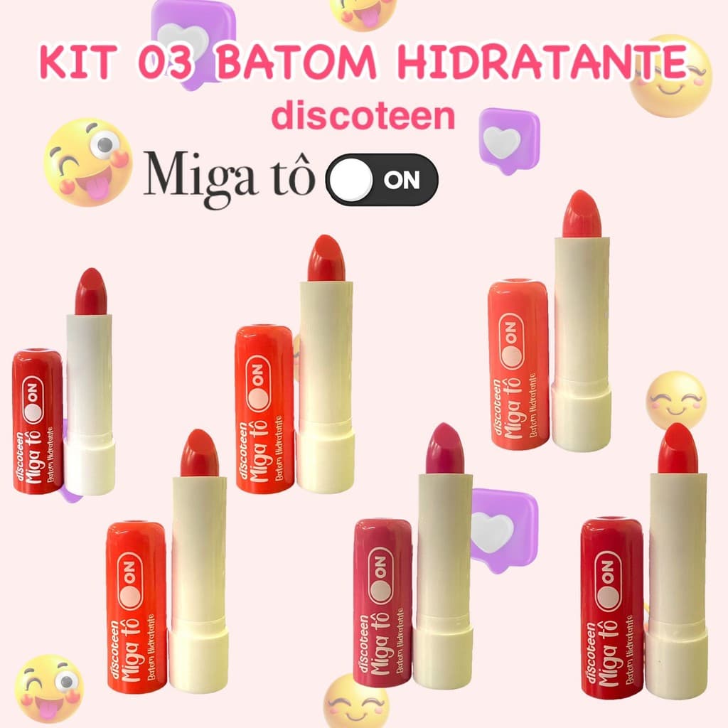 Kit 03 Batom Balm Hidratante  com Cor Miga To On Discoteen