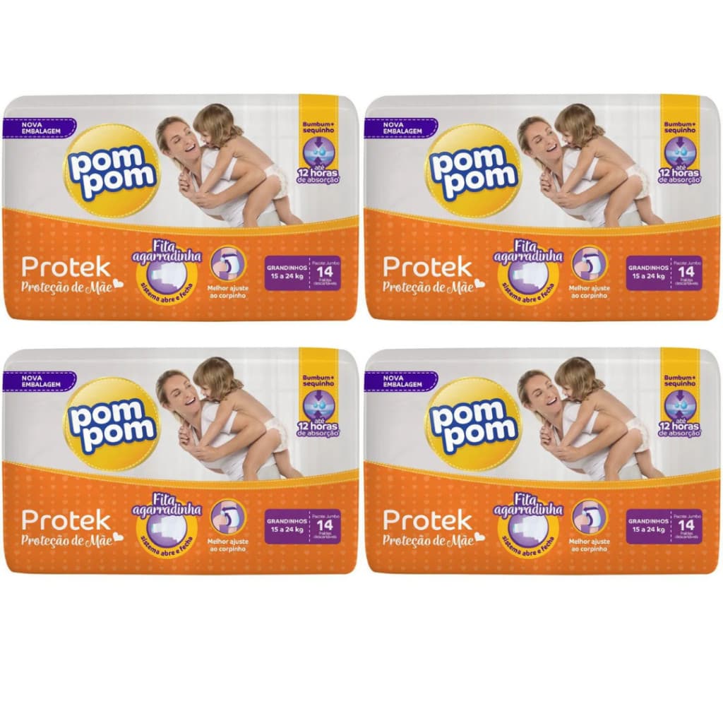 Kit 4 Pacotes Fralda Pom Pom Protek Grandinhos 56un - 12h de Proteção e Ajuste Elástico Anti Vazamento