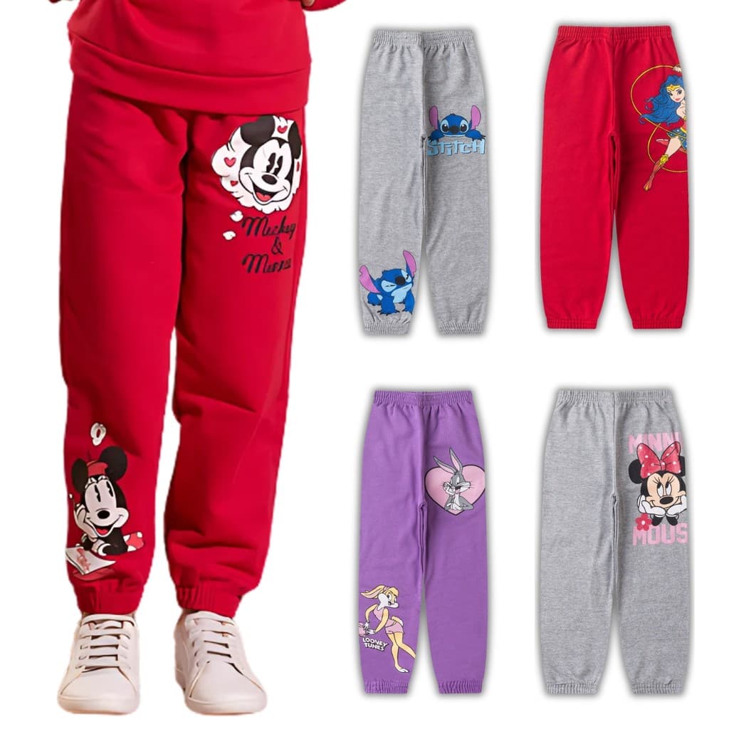 Kit com 04 Calças Moletom Infantil Menina Flanelada de Frio Personagens Feminino Minnie Stitch Lolla