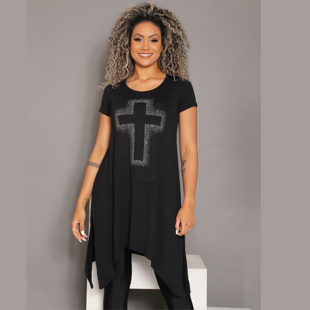 Blusa Maxi Veste Ponta Estampa Cruz Explosão strass