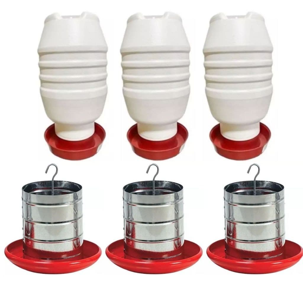 3 Un. Bebedouro  5L + 3 Un. Comedouro Tubular 5 kg p/ Aves Frango Galinha Codorna Faisão
