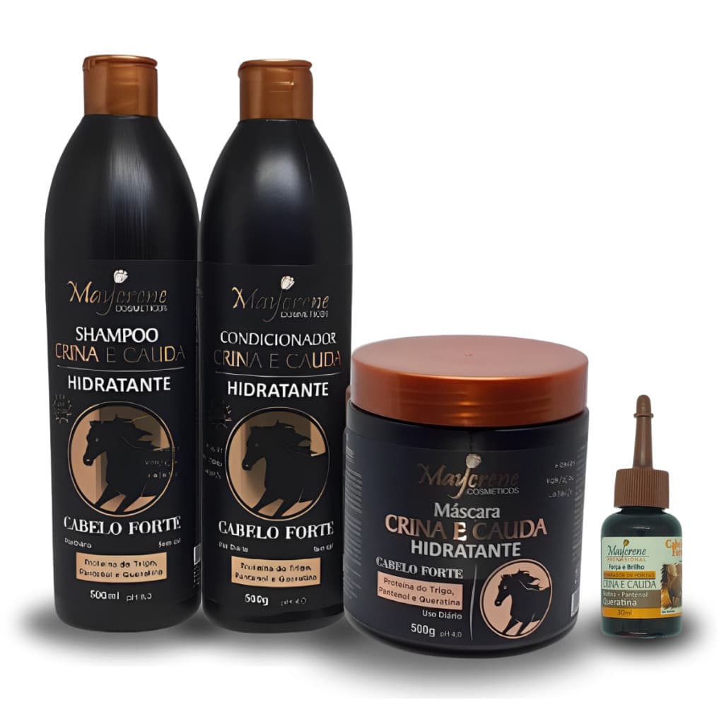 Kit Shampoo + Condicionador + Mascara + Reparador de Ponta Crina e Cauda 500g cacheados Maycrene Cabelos Lisos fortalece