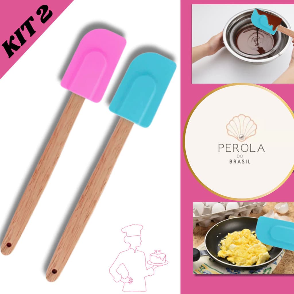 Kit 2 Espátula Silicone Cozinha Utensilio Doméstico Cabo Madeira 27x5cm Rosa e Azul
