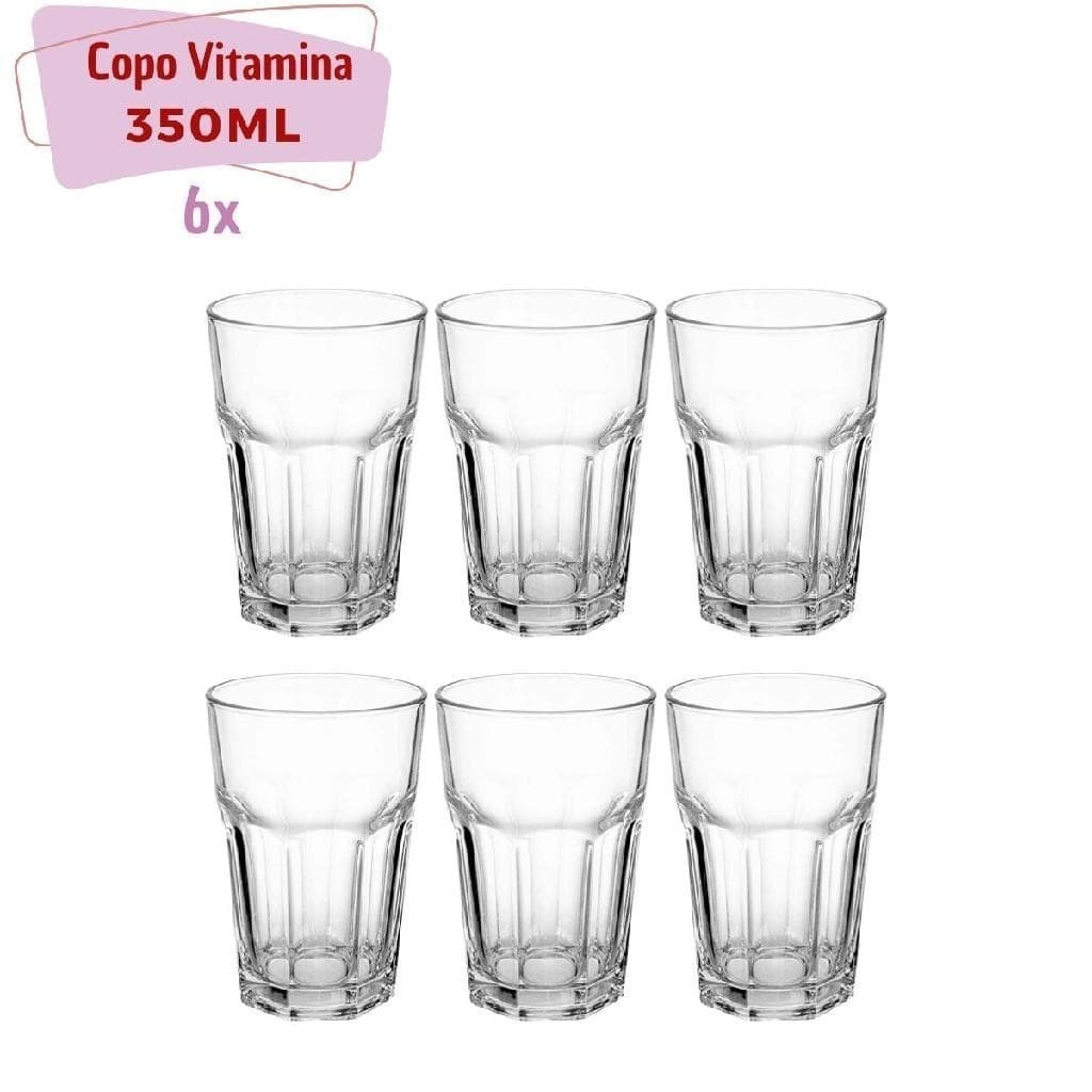 Kit com 6 Copos de Vidro resistente 350ml transparente Vitaminas