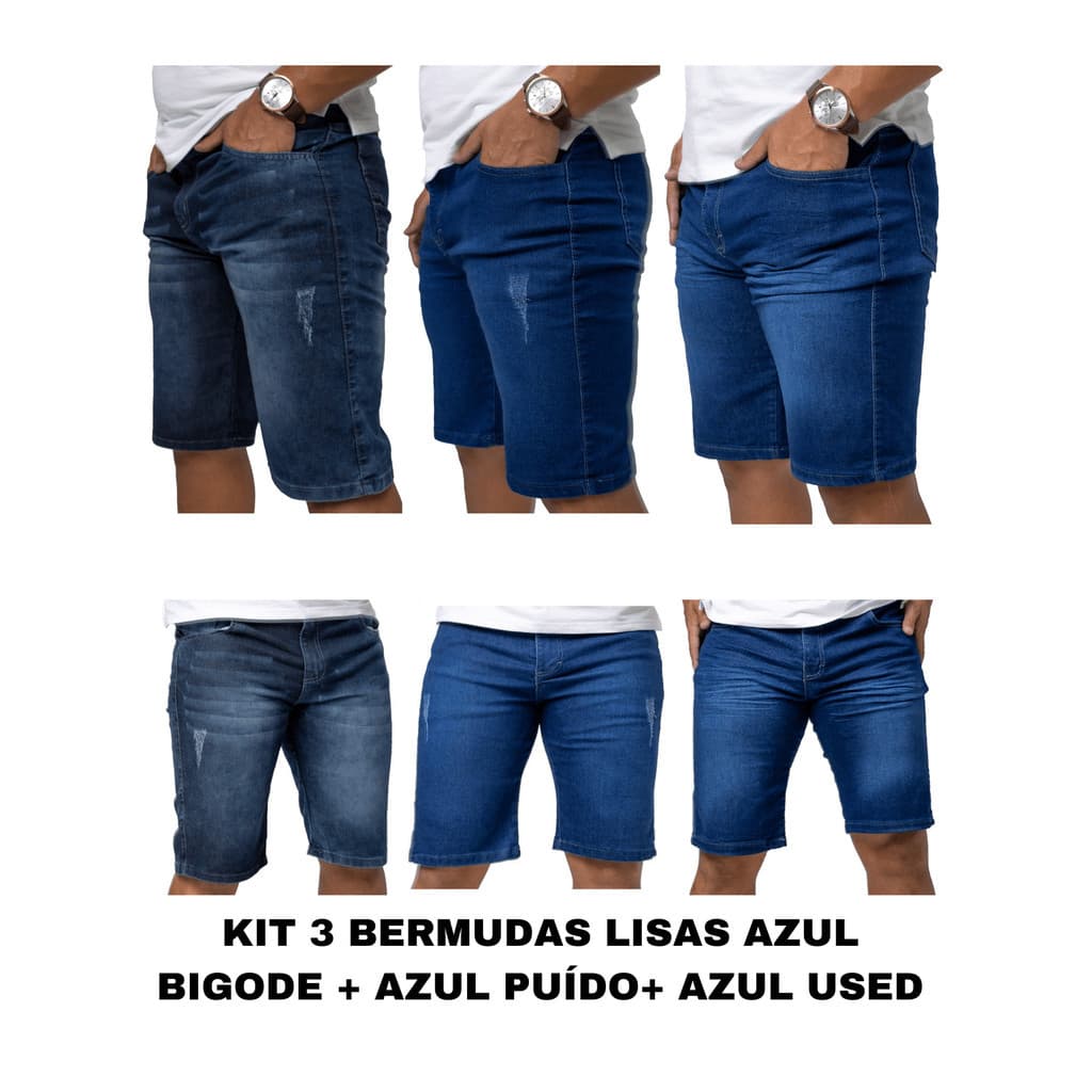 Kit 3 Bermuda Masculina Jeans Elastano 1Azul Puído+1Azul Bigode+1Azul USED - 3 Short Jeans Masculino Dia dos Pais