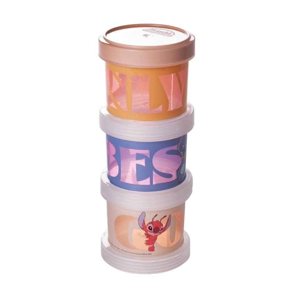 Kit 3 Potes Empilháveis Para Snacks Stitch - Plasútil