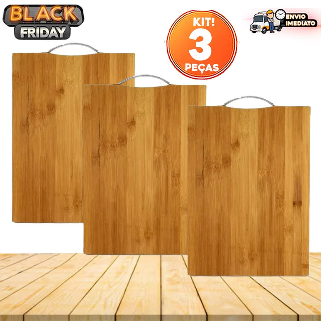 Kit 3 Tábuas de Corte em Bambu com Alça – Sustentabilidade e Elegância na Sua Cozinha!