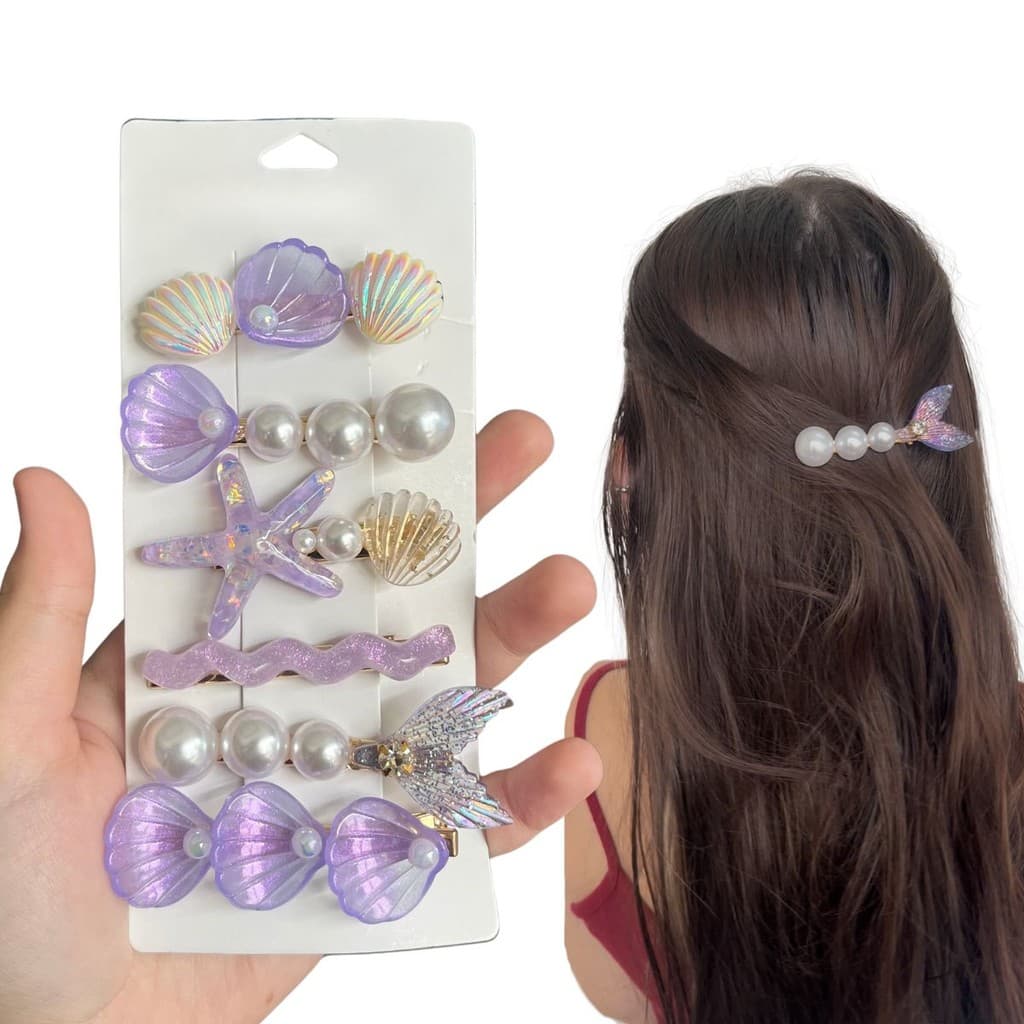 6 Presilha De Cabelo Bico De Pato Pérolas Concha Estrela Mar Praia Verão