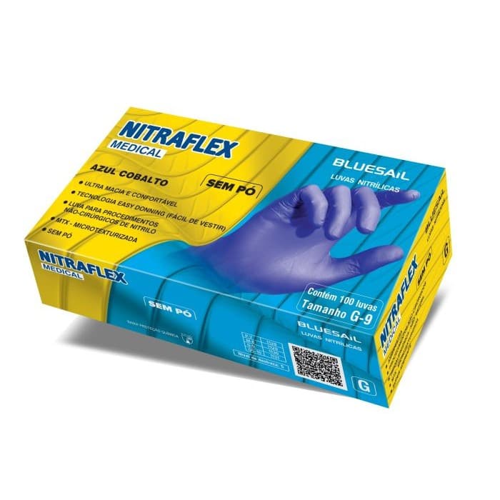 Luva Nitrilica M Azul - Sem Pó - 100 Luvas - Nitraflex