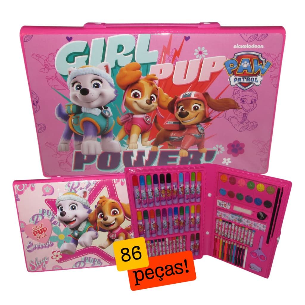 Patrulha Canina Rosa | Estojo Escolar Infantil Maleta De Pintura 86 Peças Cães Paw Patrol