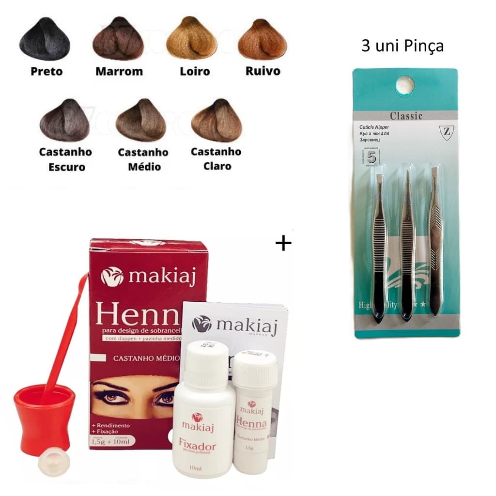 Kit Sobrancelha Henna Makiaj Completo Gel Fixador 7 Cores 1 Henna+3 Pinça