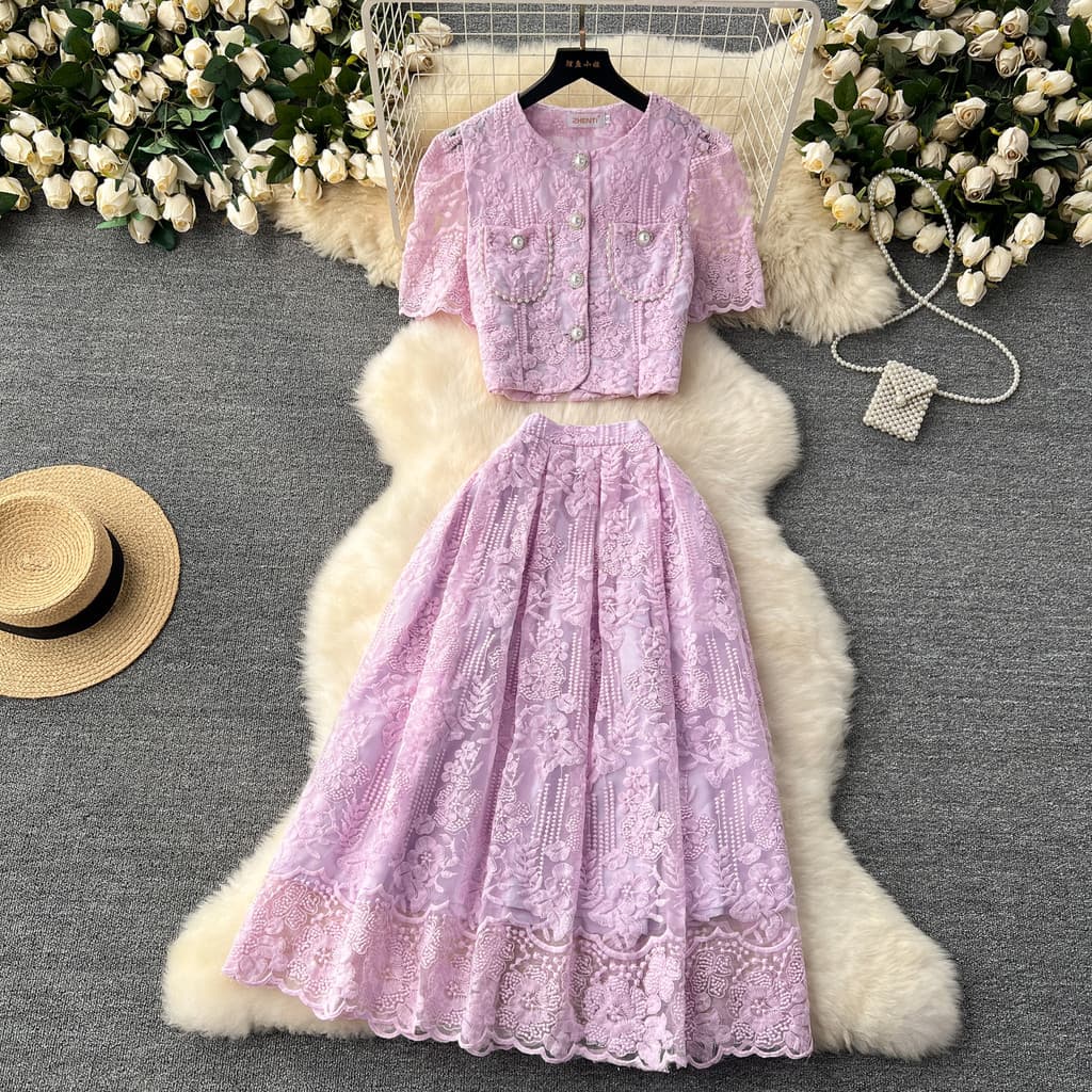 Feminino Roxo Terno Renda Francesa Crochê Manga Bufante Camisa Conjunto De Duas Peças Cintura Alta Saia Emagrecedora