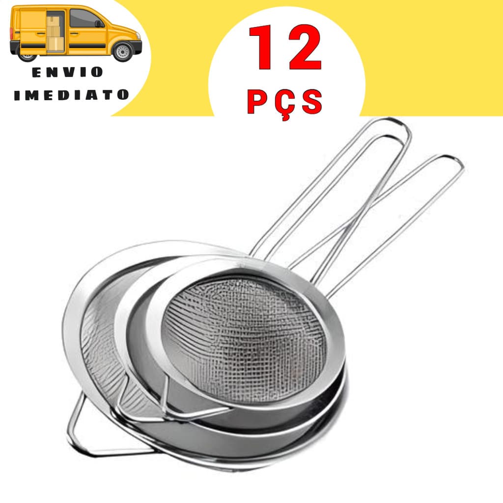 12 Pç Kt 3 Peneira Coador em Aço Inox Peneira de Cozinha Bar Bartender Lanchonete Restaurante Buffet Evento Inox Atacado