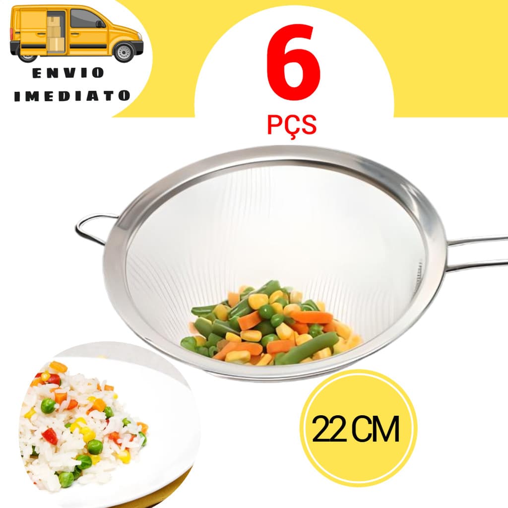 6 Pç Peneira Grande 22 cm Aço Inox Utensilio de Cozinha Peneirar Coar Escorrer Resistente Multiuso Universal