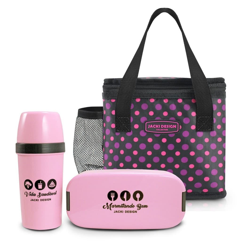 Kit Bolsa Térmica Com Garrafa e Marmita Bolinhas Rosa Preto