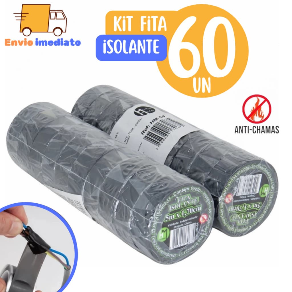 Kit 60 Fitas isolante Antichama Preta para Eletricista uso Geral Domestico e Industrial - 5m