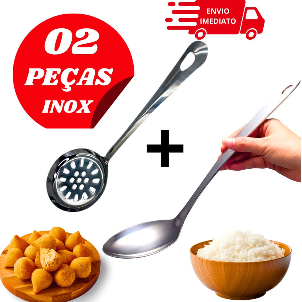 Kit de Cozinha 2 Peças Aço Inox Colher de Pegar Arroz e Escumadeira