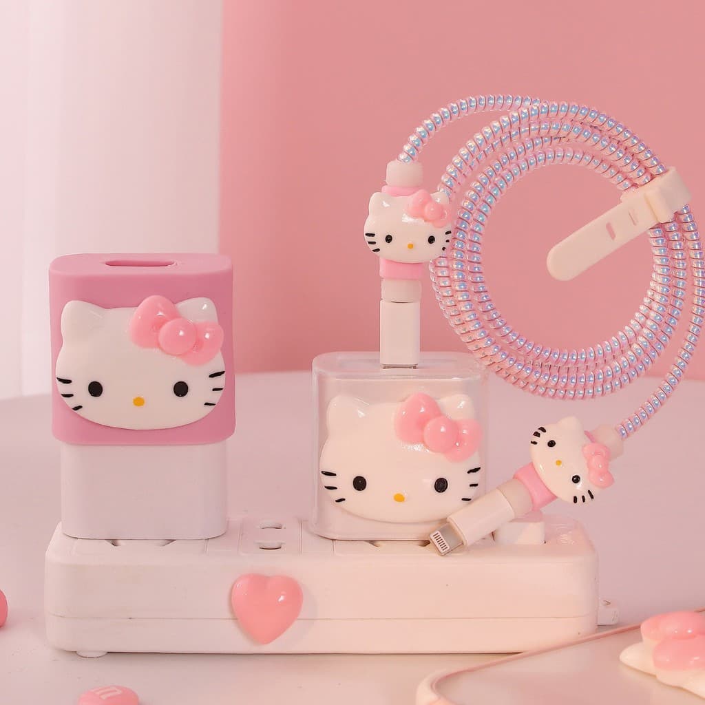 4 Unidades/Conjunto Nova Capa Protetora De Cabo Hello Kitty Compatível Com Apple 18/20w Enrolador De Carga Carregador De