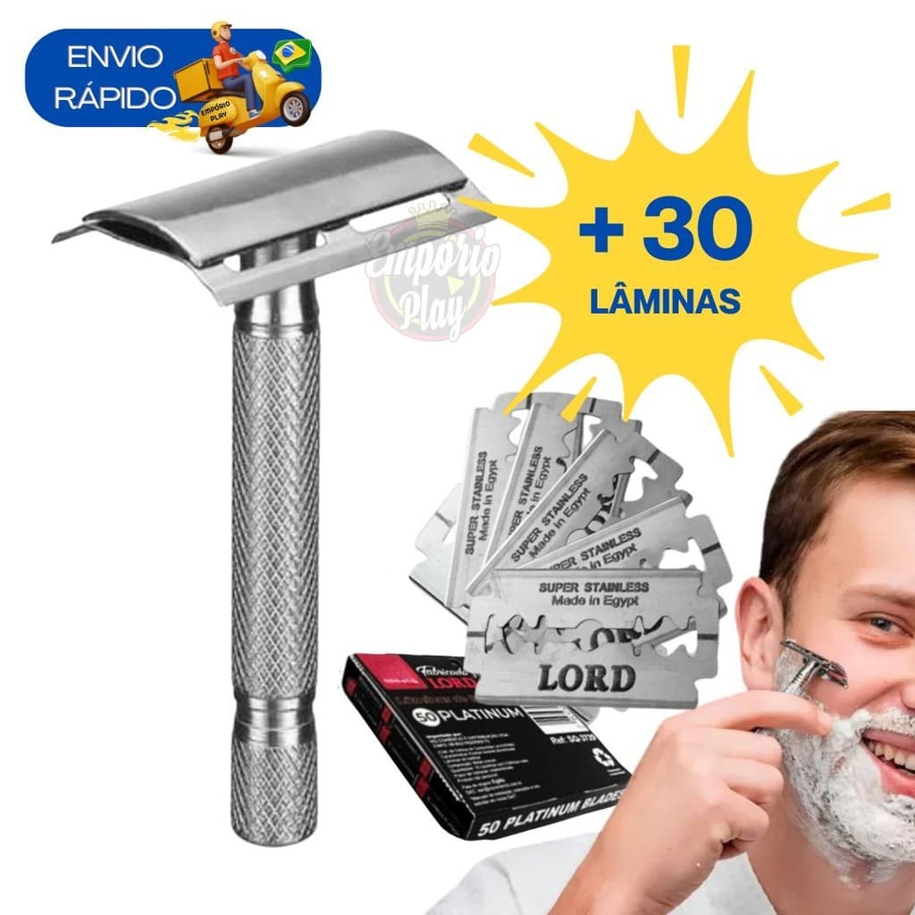 Kit 30 Lâminas + Aparelho Barbeador Metal Clássico Manual Retrô Ideal Para Barba Barbearias