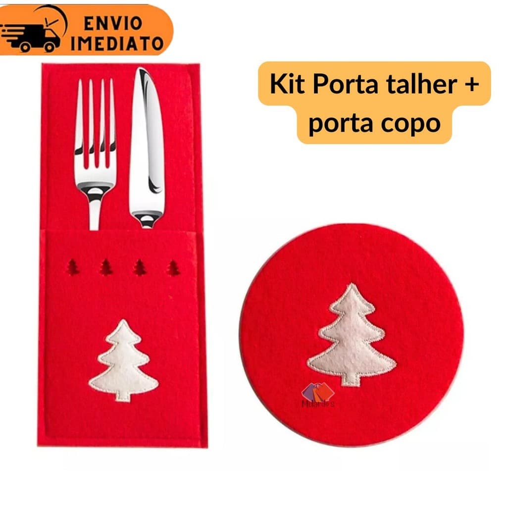 Kit Porta Talher E Porta Copo Feltro Natal Para Mesa Posta Arvore Natal