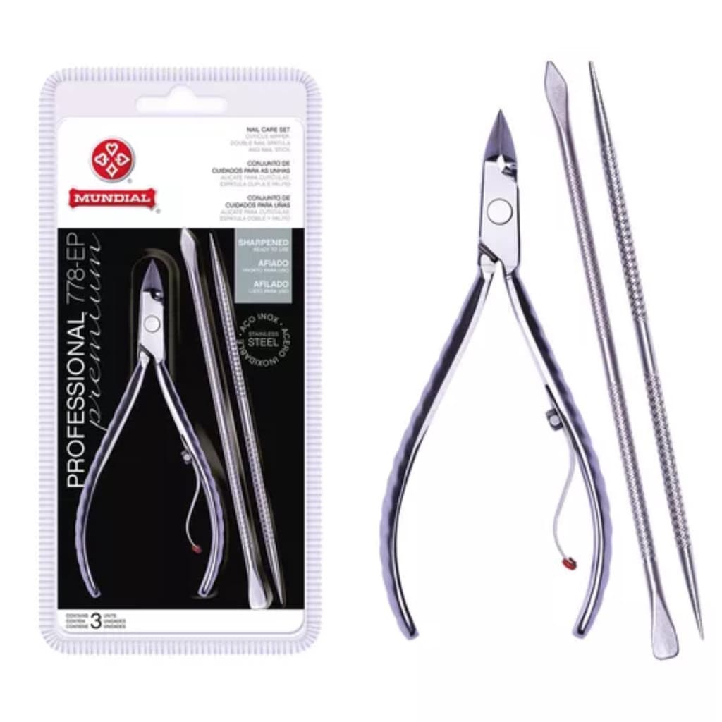 ALICATE CUTICULA MUNDIAL 778 INOX+ESPATULA DUPLA+PALITO