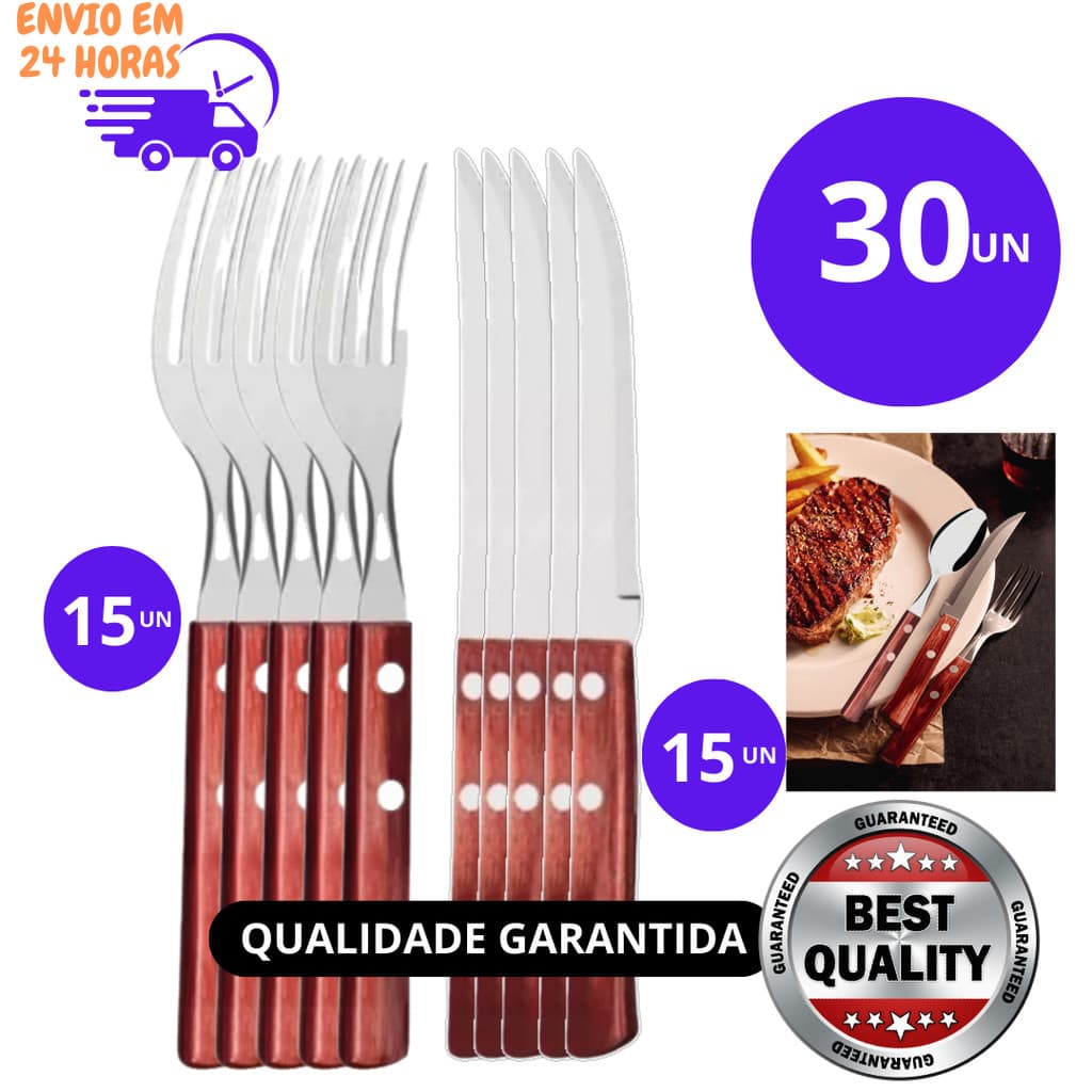 Jogo 30, 20 ou 08 Peças De Garfo e Faca Talher de Mesa Cabo Madeira em Aço Inox Restaurante Jantar