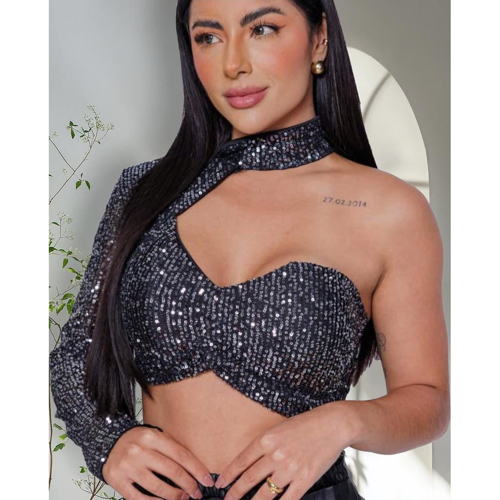 Cropped Feminino Paetê Gola Alta Com Manga Longa Elastano Premium