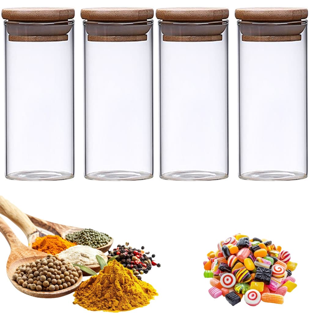 Kit 4 Potes Herméticos Organizadores  Vidro Tampa de Bambu Transp Condimentos Massas Macarrão 1000ml