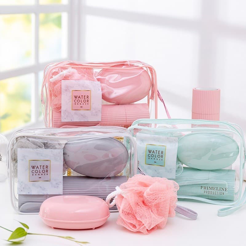 Kit Viagem 5 Peças Com Bolsa Escova Pente Saboneteira e Ducha Compacto Para Viagem