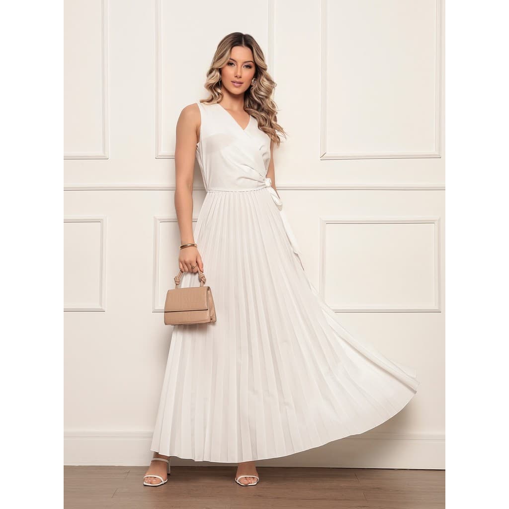 Vestido Longo Plissado sem Mangas - Decote em V e Cintura Ajustável, Elegante e Versátil para Eventos