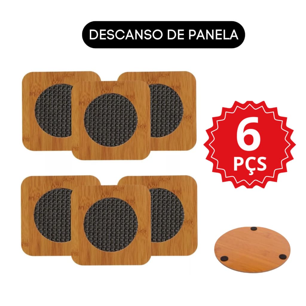 Kit 6 Peças Descanso De Panela De Bambu Porta Apoio Panela Mdf