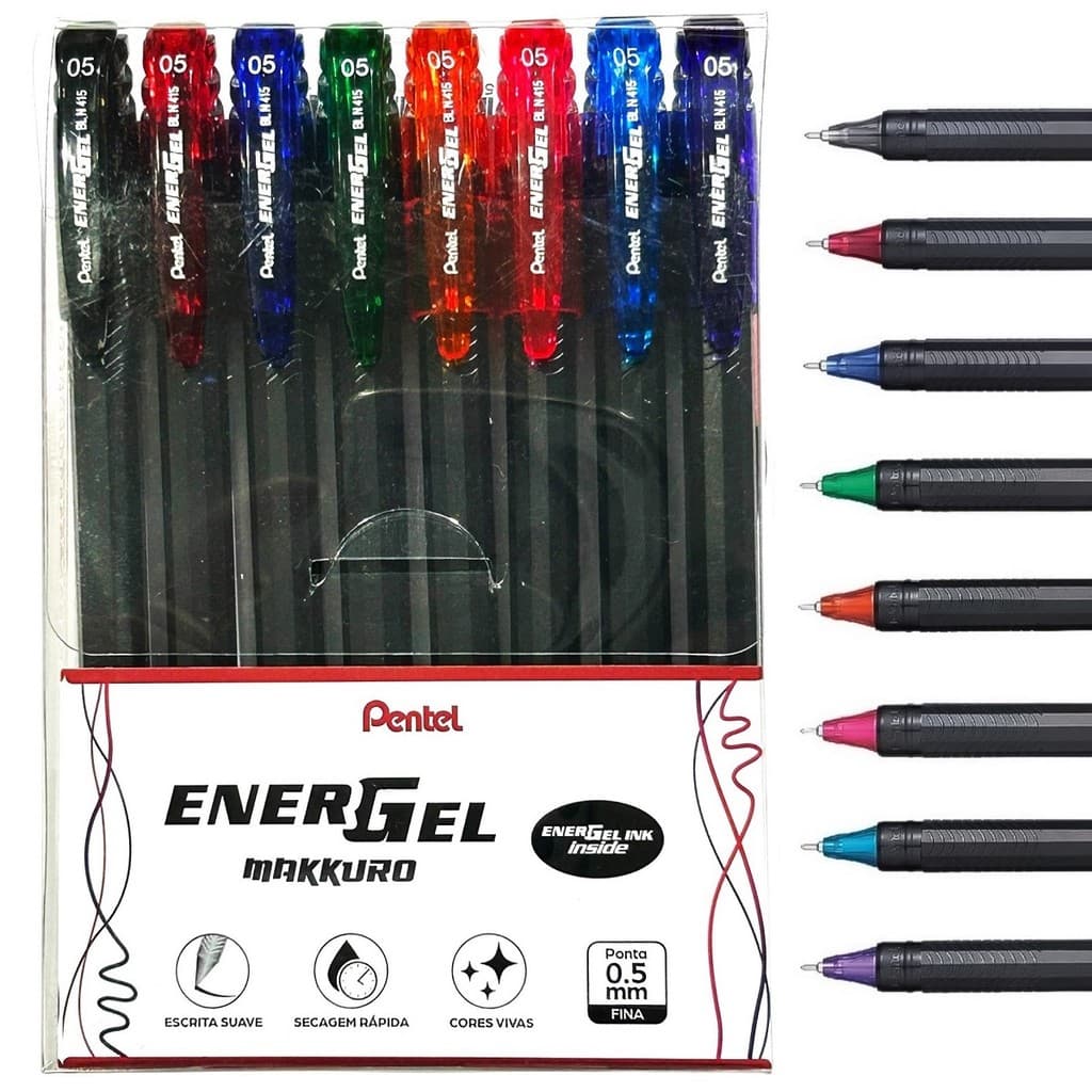 Kit Estojo 8 Canetas Gel Pentel Energel Makkuro 0.5mm - Ponta Agulha Fina (Com Cores Novas)