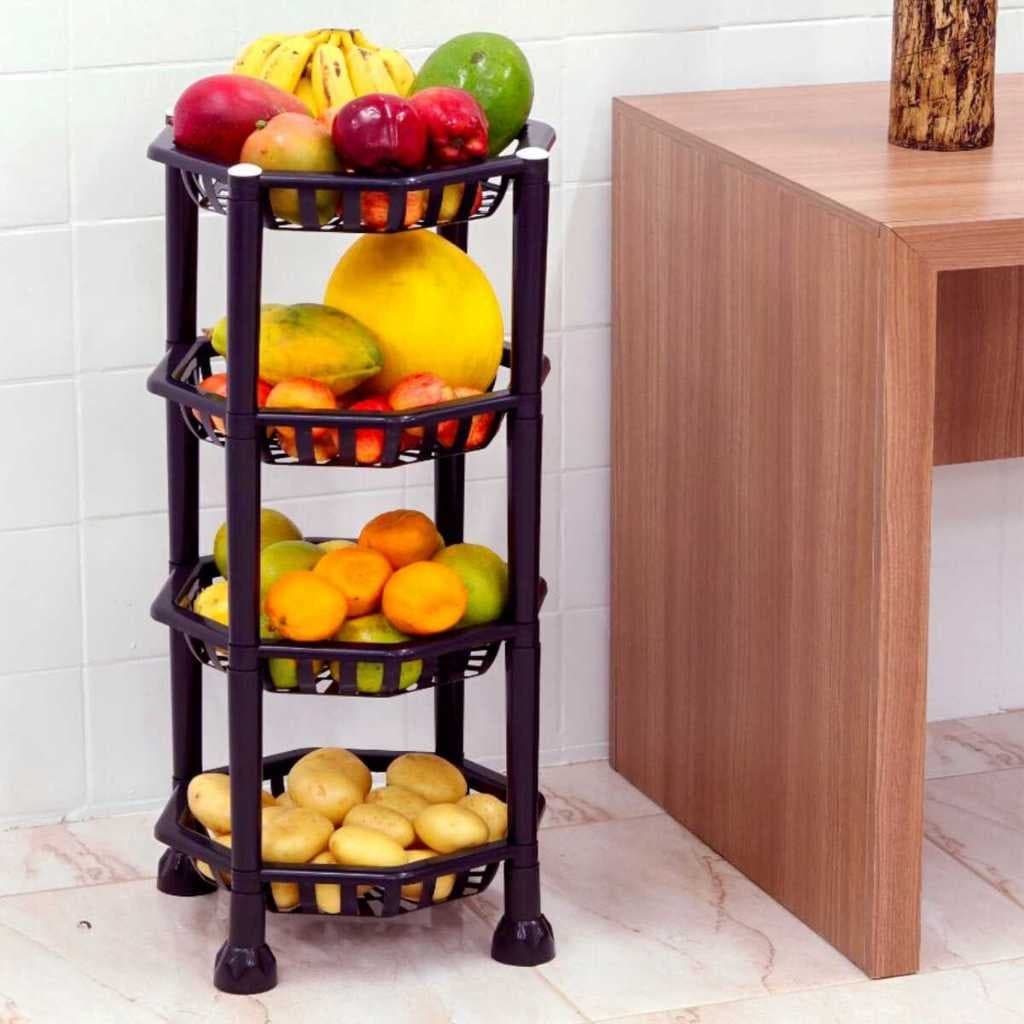 Fruteira De Chão Cesto Organizador Cozinha Dispensa Frutas Legumes Preta Resistente