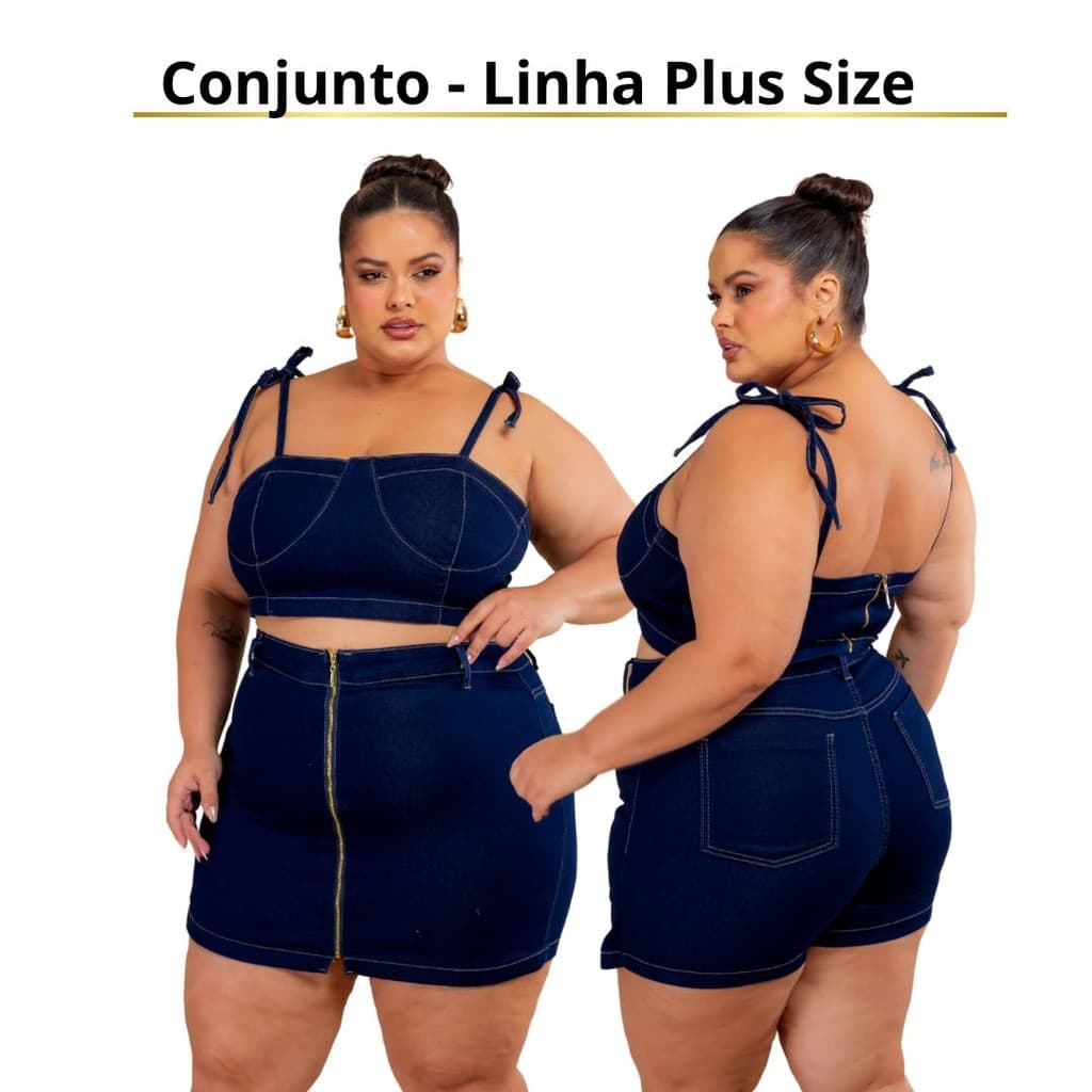 Conjunto Jeans com Lycra Premium Cropped e Short Saia Plus Size