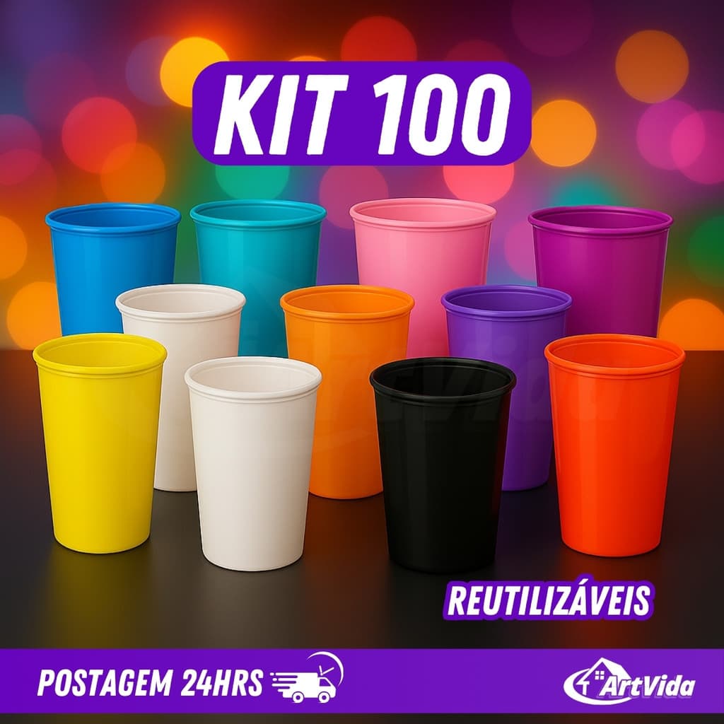 ​KIT 100 Copos Plásticos 330ml Altos Long Neck Reutilizável Personalize Festas Eventos - ArtVida