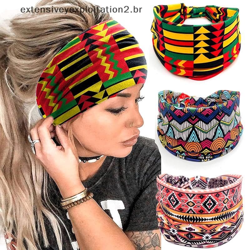 Moda Algodão Estiramento Padrão Africano Impressão Torção Estilo Elástico Faixa De Cabelo Larga Turbante Nó Headwrap .