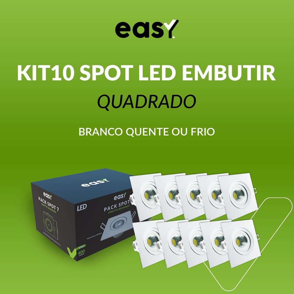 Kit 10 Spot de Led 7W 3000k Branco Quente, 4000k Branco Neutro e 6500k Branco Frio de Embutir Quadrado Bivolt - Easy