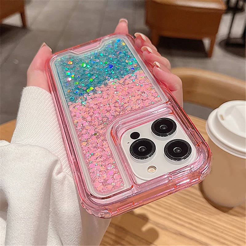 Capa Armadura Pesada À Prova De Choque Para iPhone 16 15 14 11 12 13 Pro Max Plus 3 Em 1 Gradiente Glitter Bling Transpa