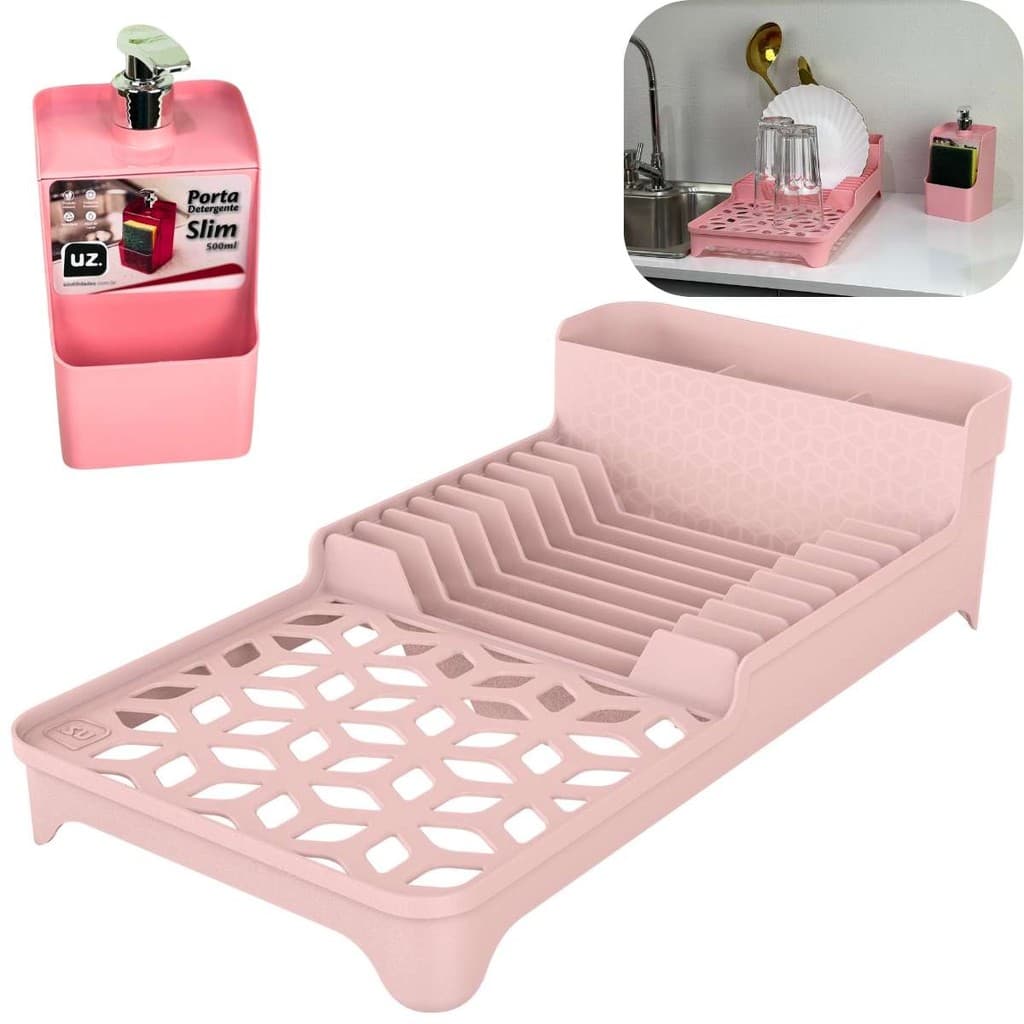 Kit Escorredor Louça E Dispenser Detergente Rosa Cozinha Uz