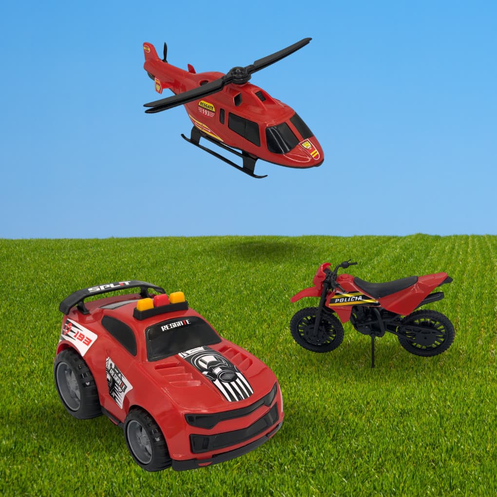 Kit de Brinquedos de Polícia com Carro, Moto e Helicóptero - Vermelho