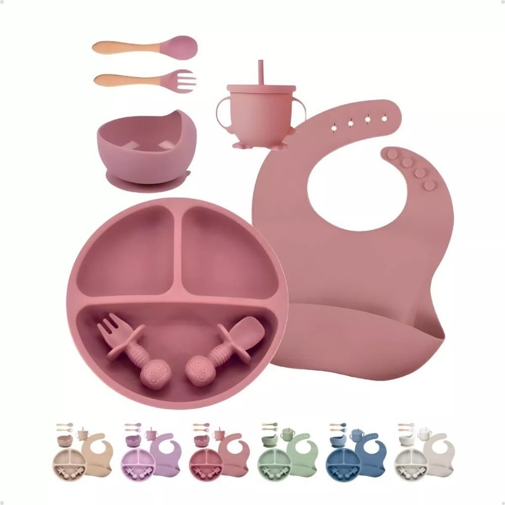 Kit 8 pecas Talheres do Bebê Conjunto Prato De Jantar De Silicone Para Bebês Com Tigela De ventosa